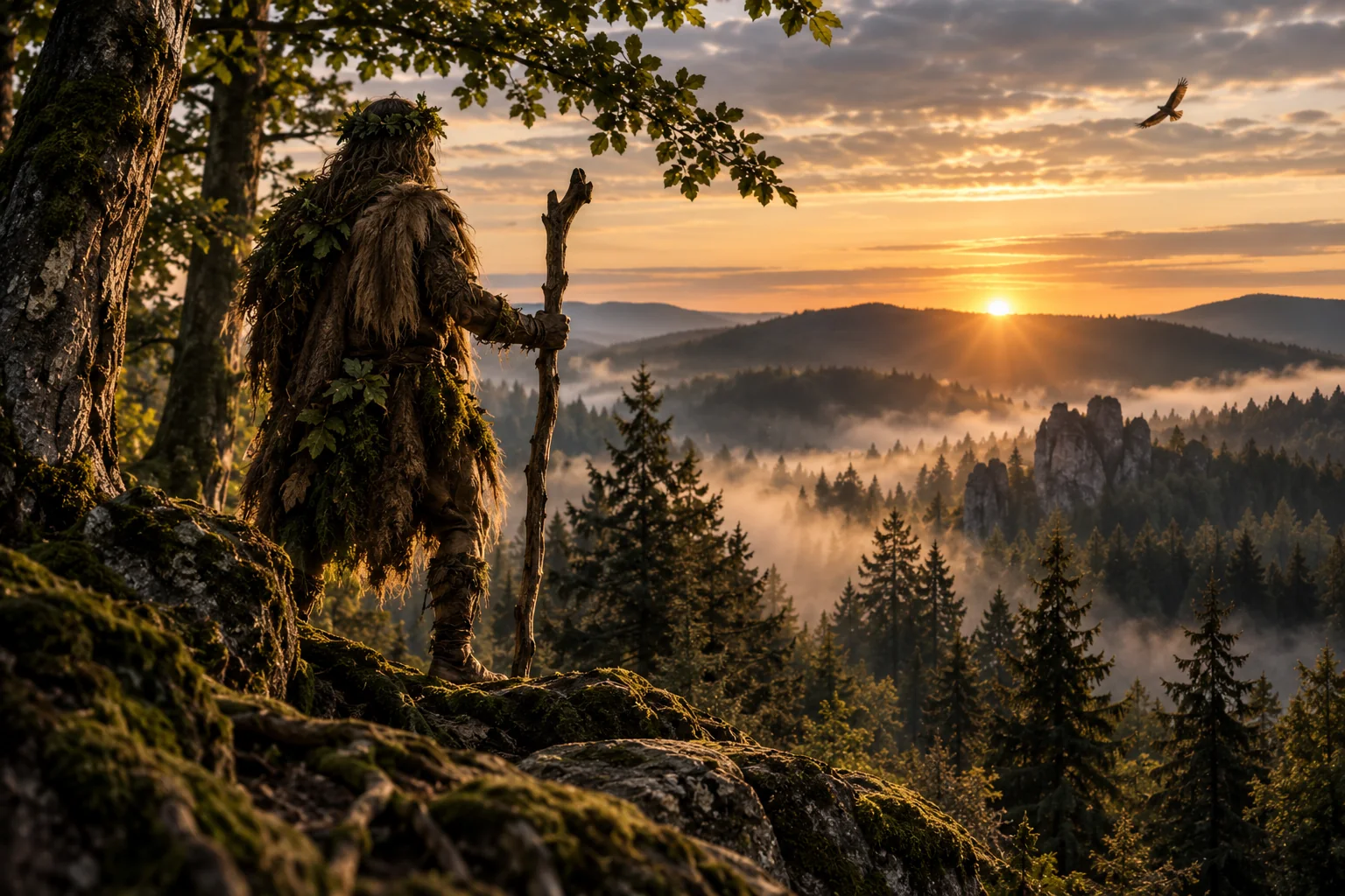 Wilder Mann blickt über eine Wald- und Berglandschaft